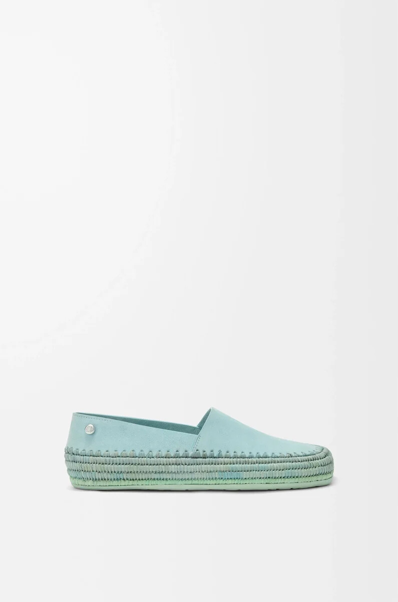 pantoufles rio en daim et raphia bleu clair