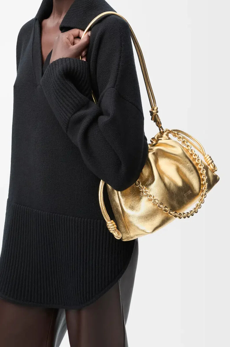 sac à main flamenco moyen en agneau laminé doré
