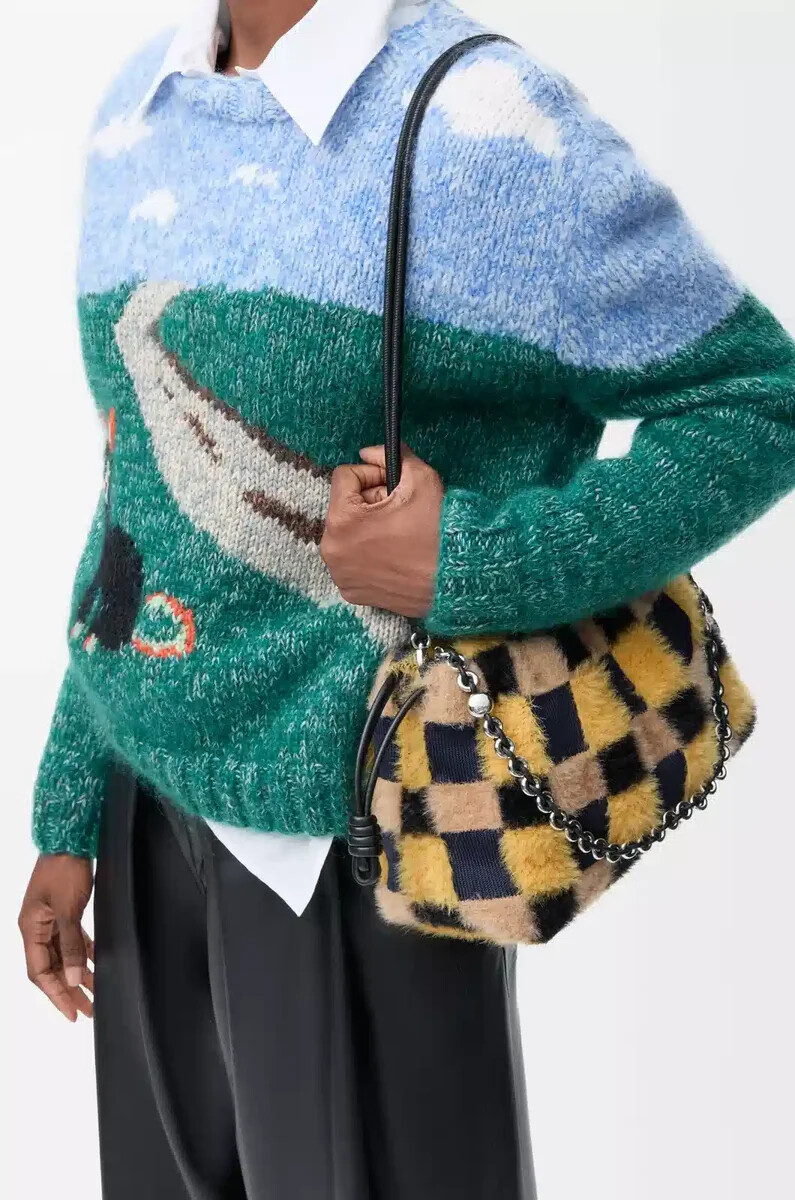 sac à main flamenco moyen en maille jacquard multicolore bleu marine foncé