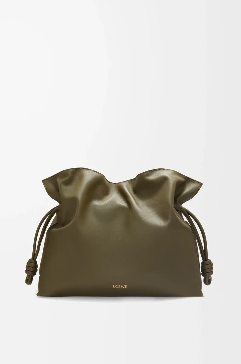 grande pochette flamenco en cuir de veau nappa kaki foncé