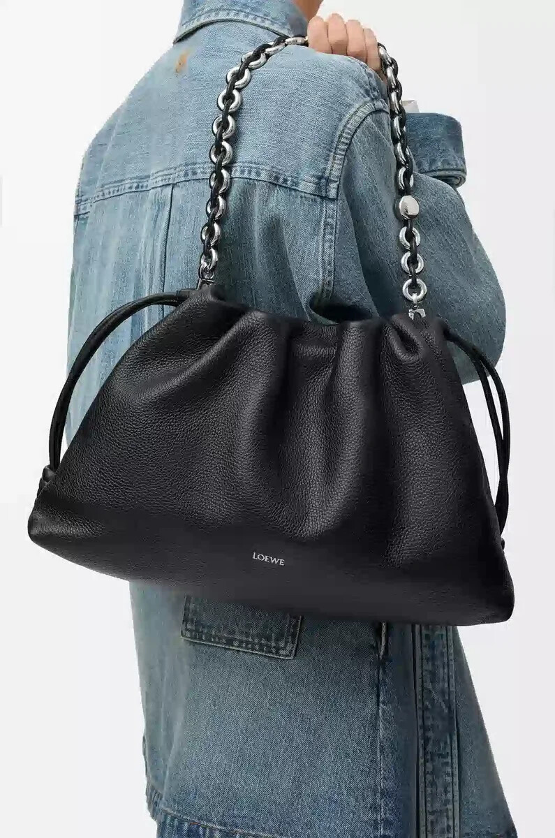 grand sac flamenco en cuir de veau grainé fin noir
