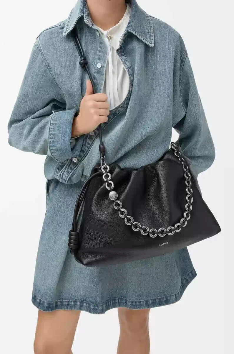 grand sac flamenco en cuir de veau grainé fin noir