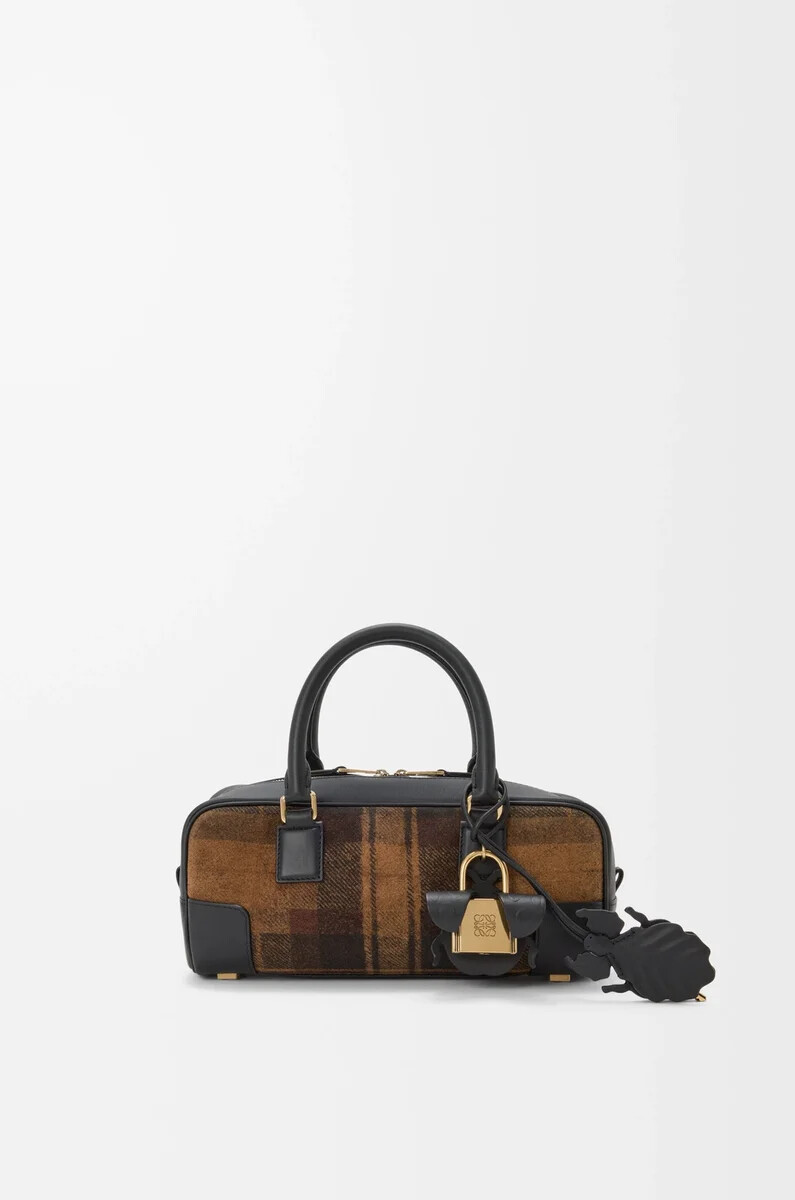 sac court amazona 23 en daim tartan et cuir de veau nappa coloris beigenoir
