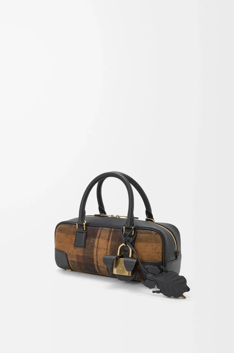 sac court amazona 23 en daim tartan et cuir de veau nappa coloris beigenoir