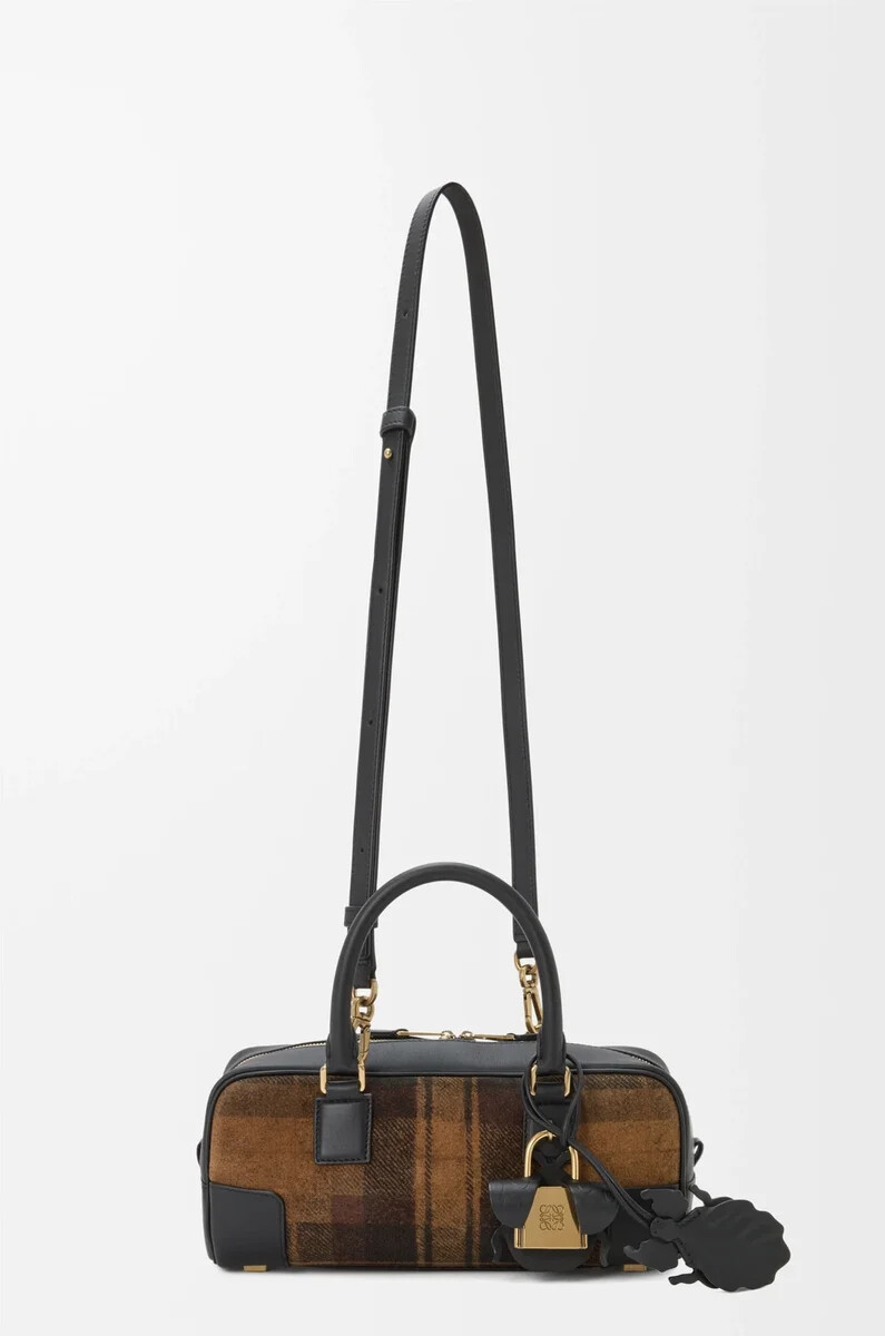 sac court amazona 23 en daim tartan et cuir de veau nappa coloris beigenoir