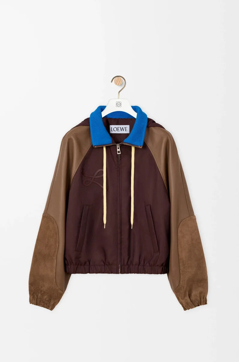 blouson aviateur en nylon cuir dagneau nappa et cuir de veau suédé marron