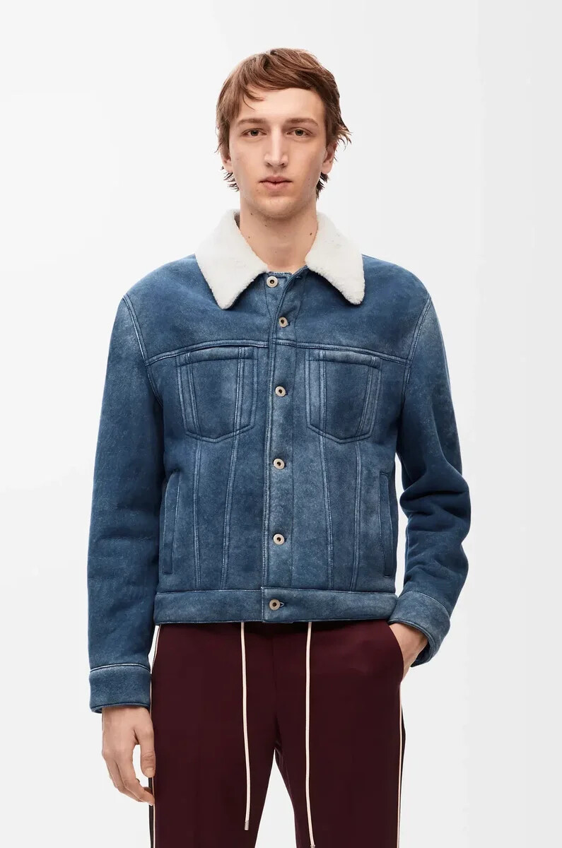 veste en peau lainée blanchebleu indigo