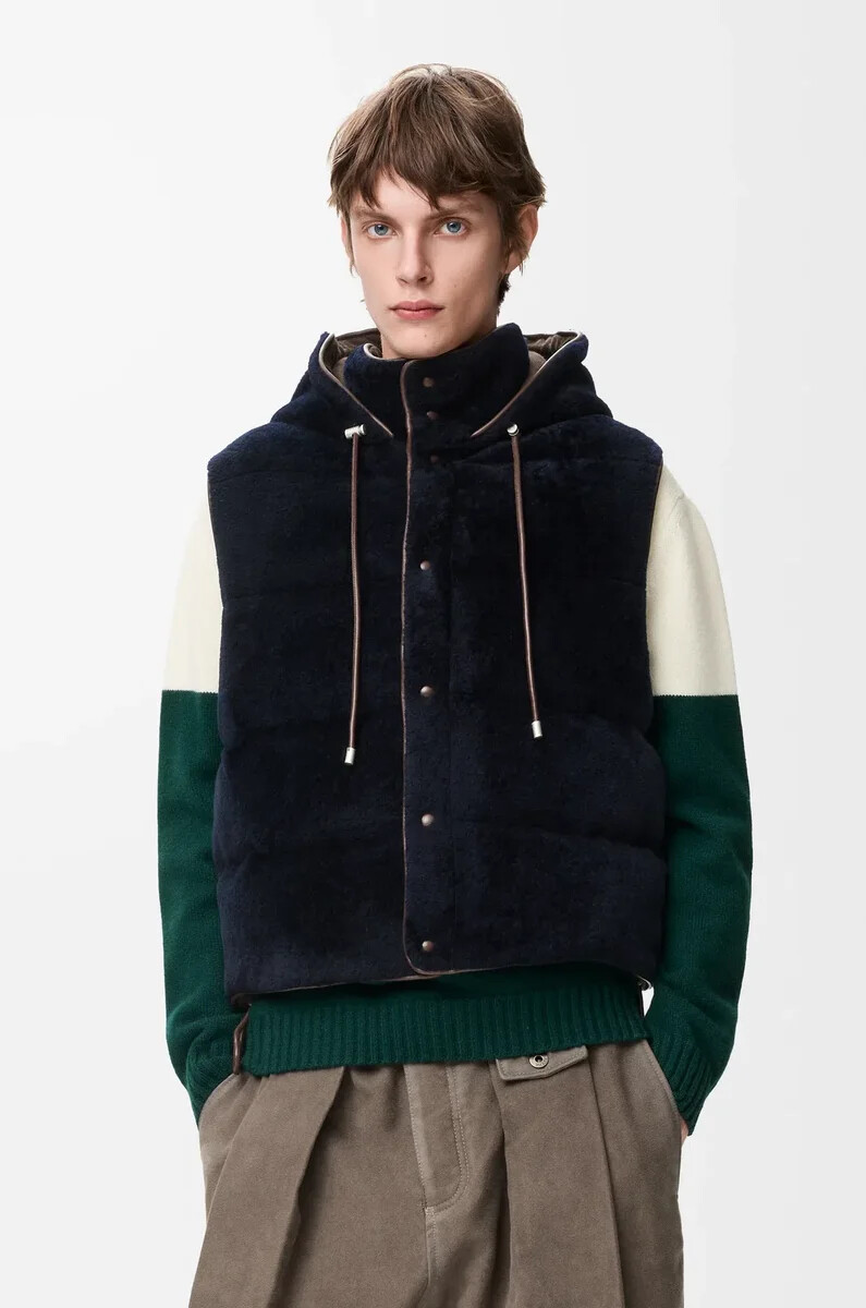 gilet matelassé en peau lainée marronbleu marine