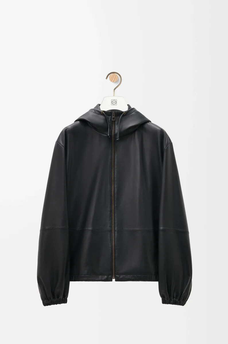 veste à capuche en cuir dagneau nappa noir