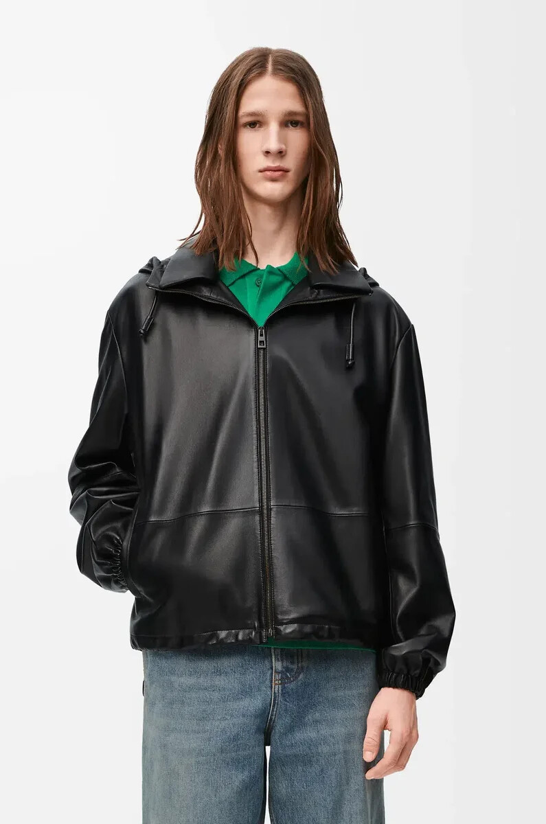 veste à capuche en cuir dagneau nappa noir