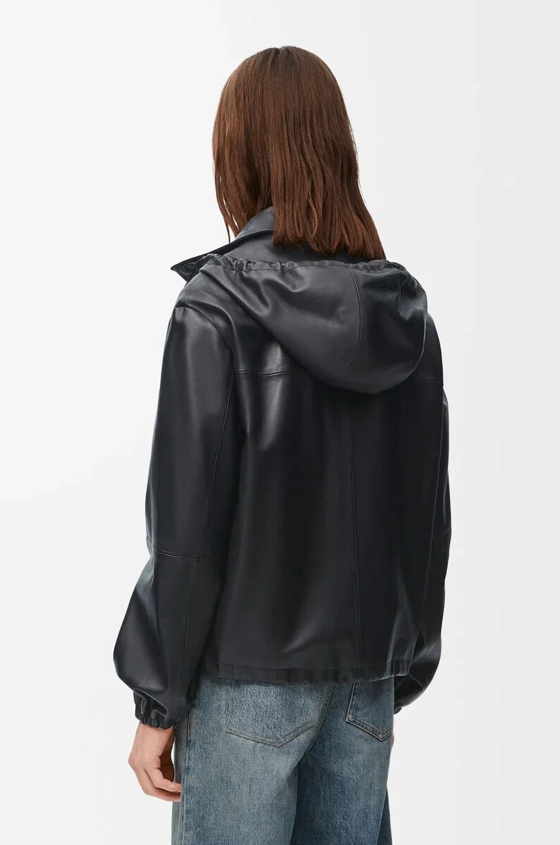 veste à capuche en cuir dagneau nappa noir