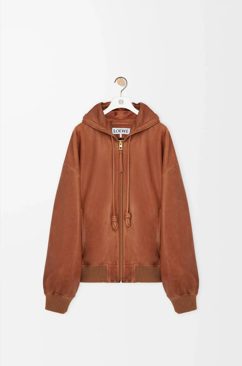 veste à capuche en cuir dagneau nappa beige
