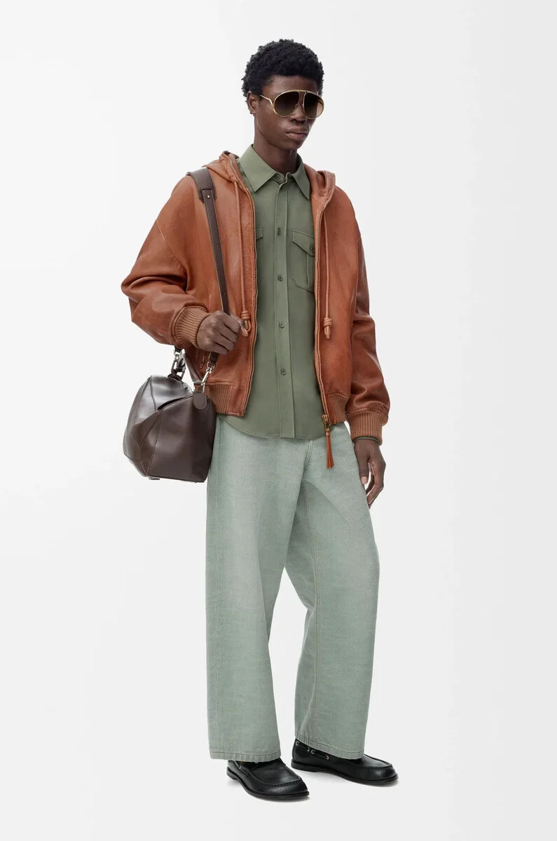 veste à capuche en cuir dagneau nappa beige