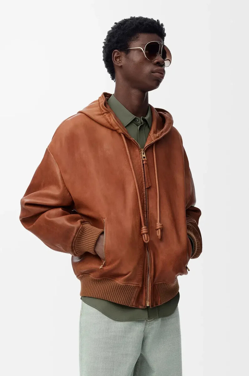 veste à capuche en cuir dagneau nappa beige