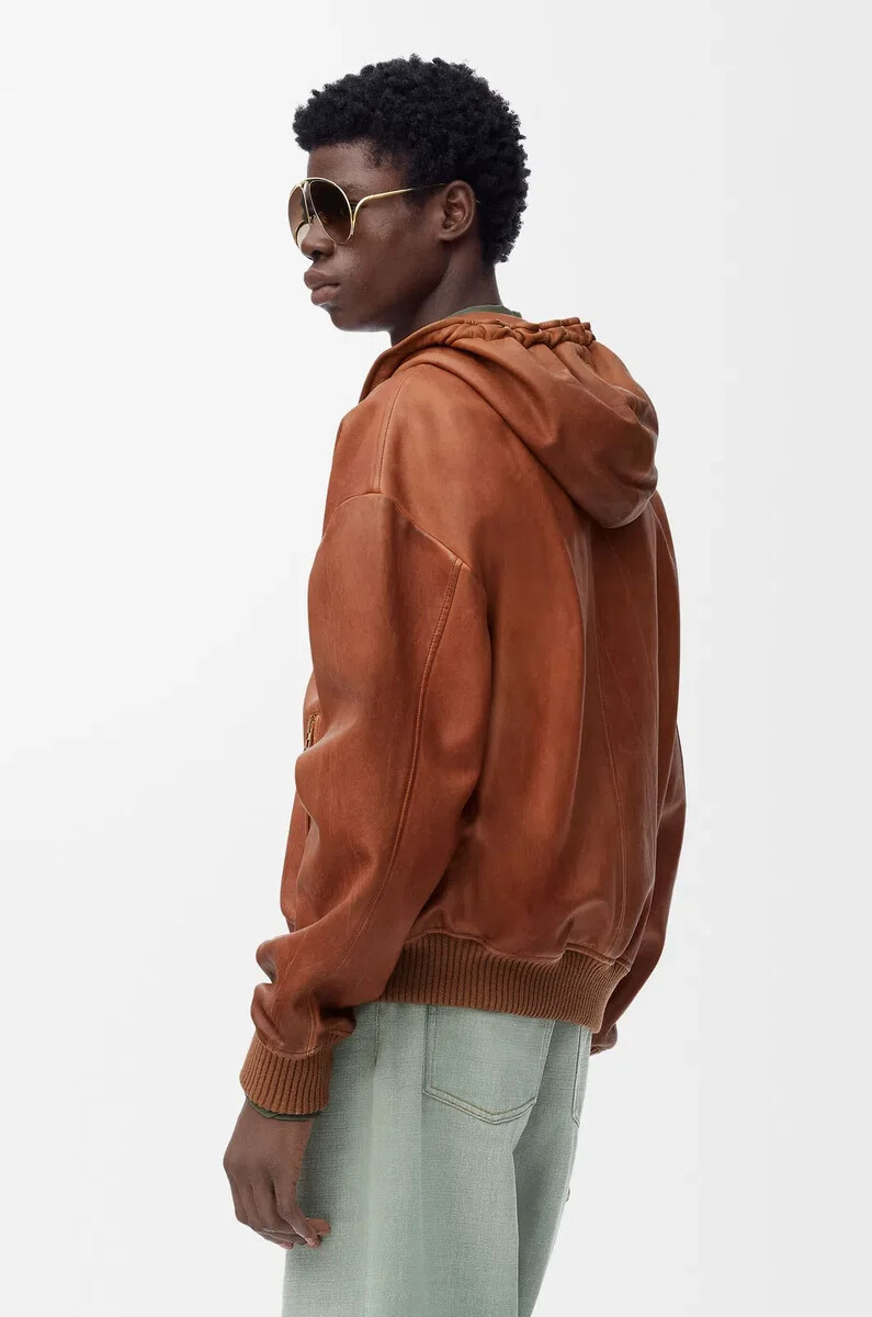 veste à capuche en cuir dagneau nappa beige