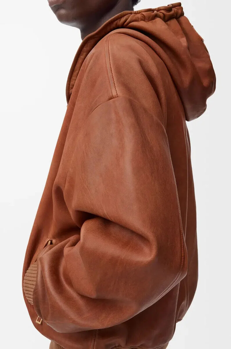 veste à capuche en cuir dagneau nappa beige