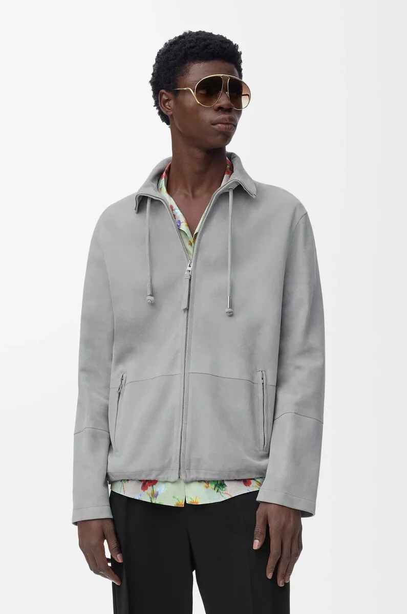 veste zippée en daim dagneau gris clair
