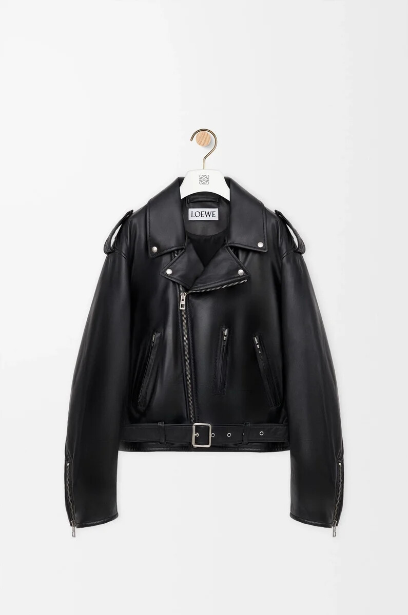blouson de motard en cuir dagneau nappa noir