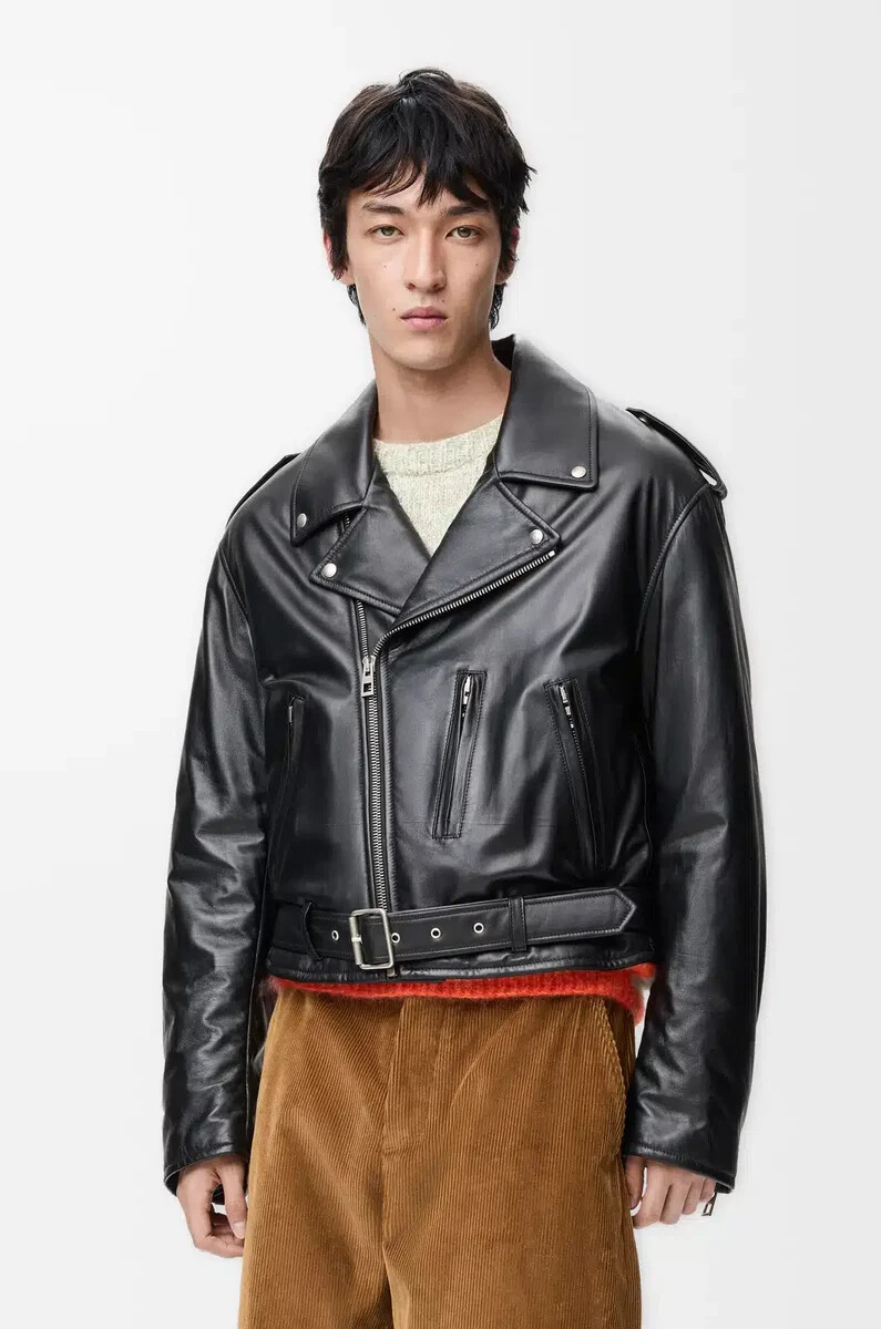 blouson de motard en cuir dagneau nappa noir