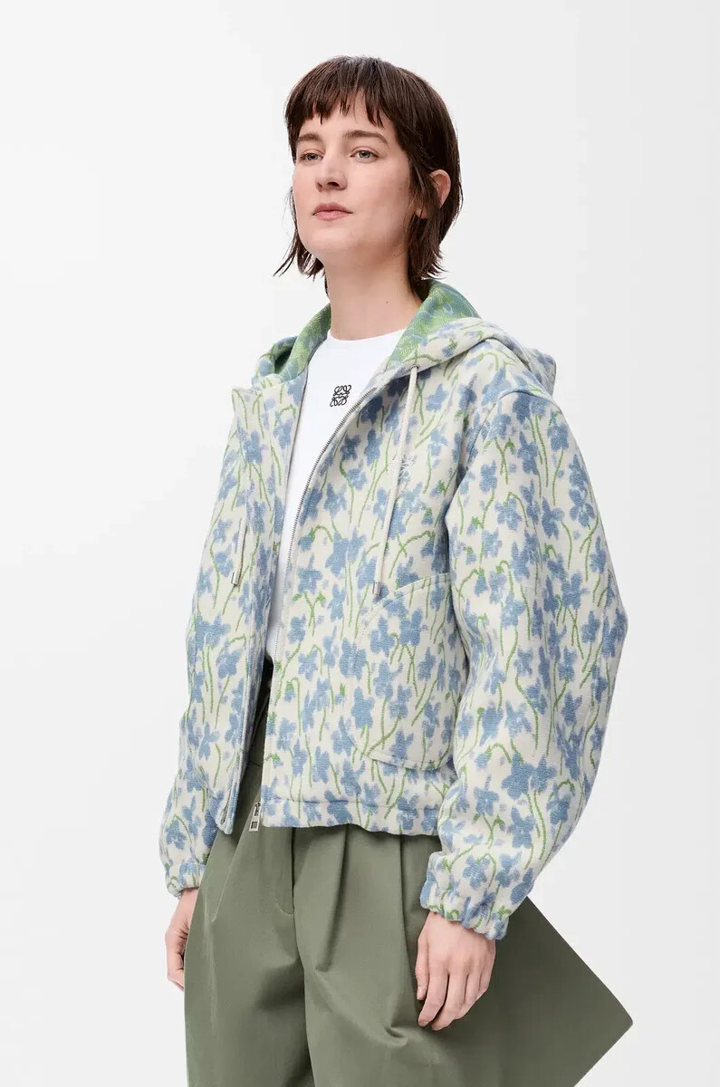veste à capuche en laine et coton blancbleu