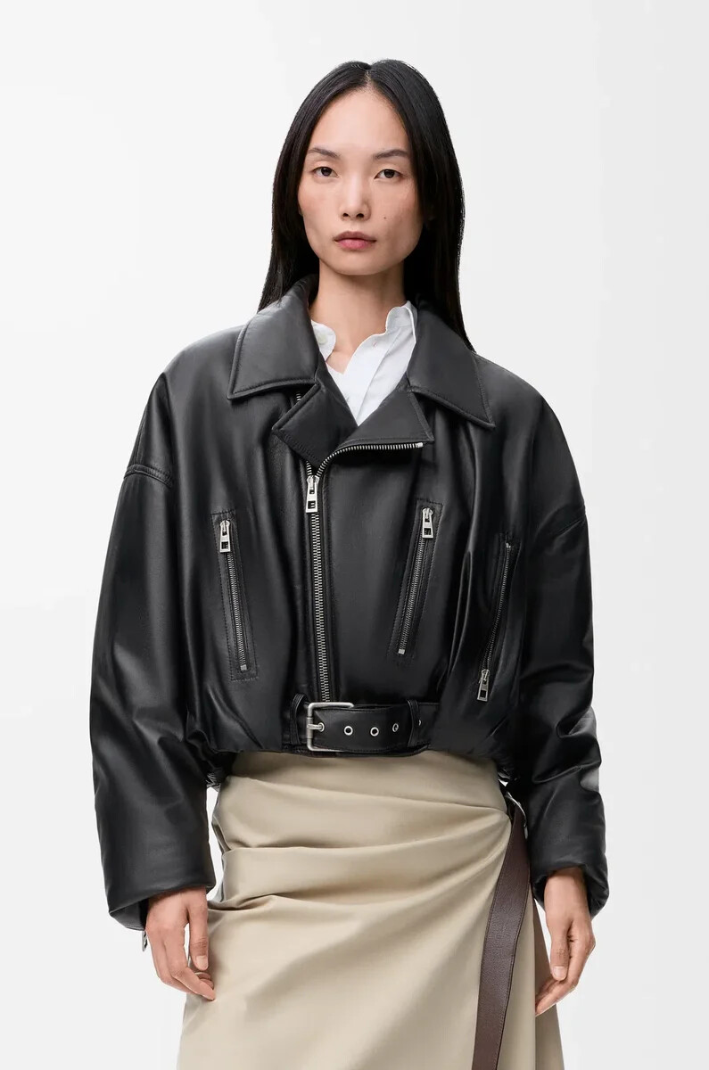 blouson de motard en cuir dagneau nappa noir