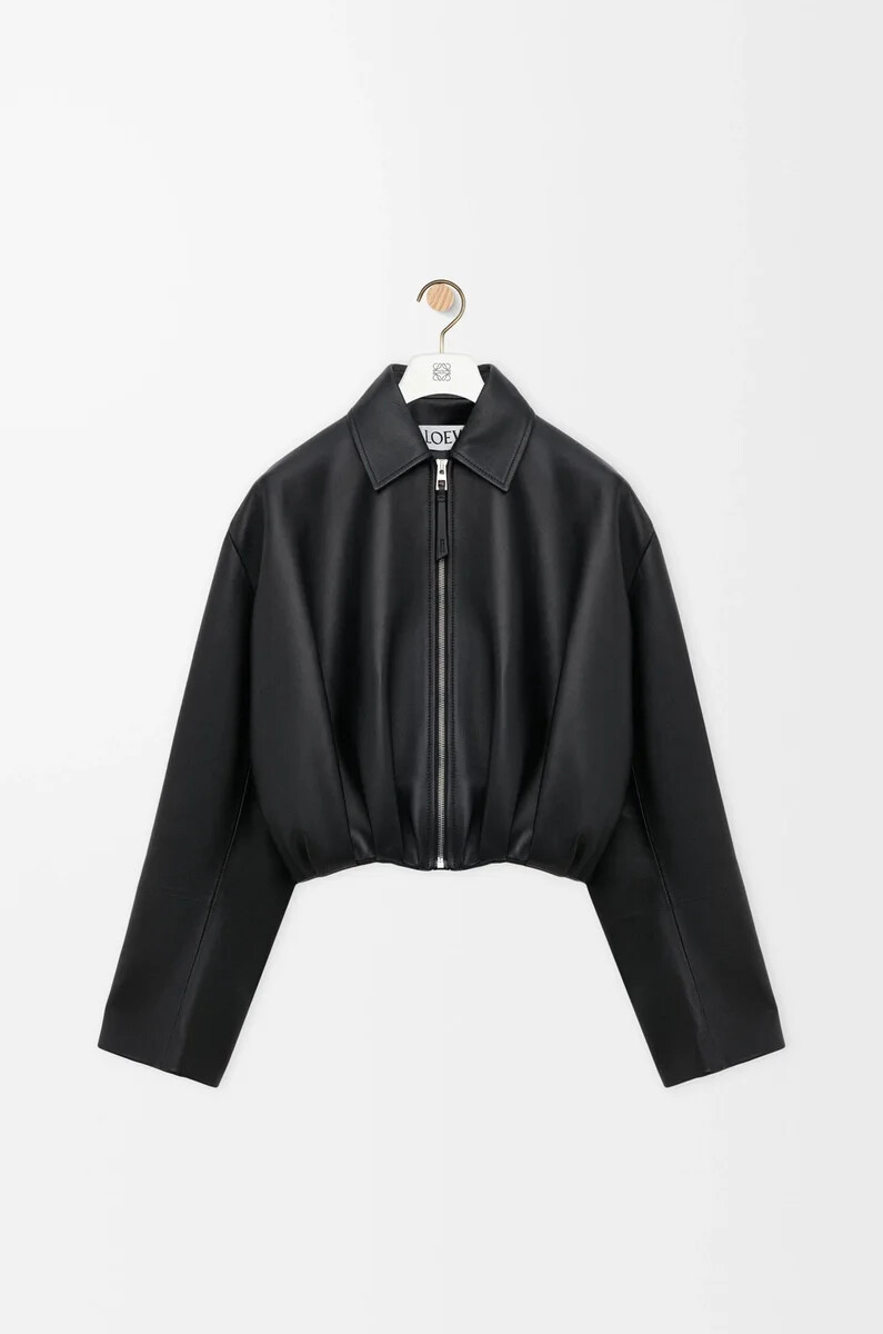 veste drapée en cuir dagneau nappa noir