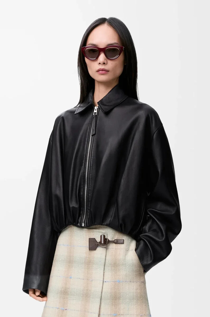 veste drapée en cuir dagneau nappa noir