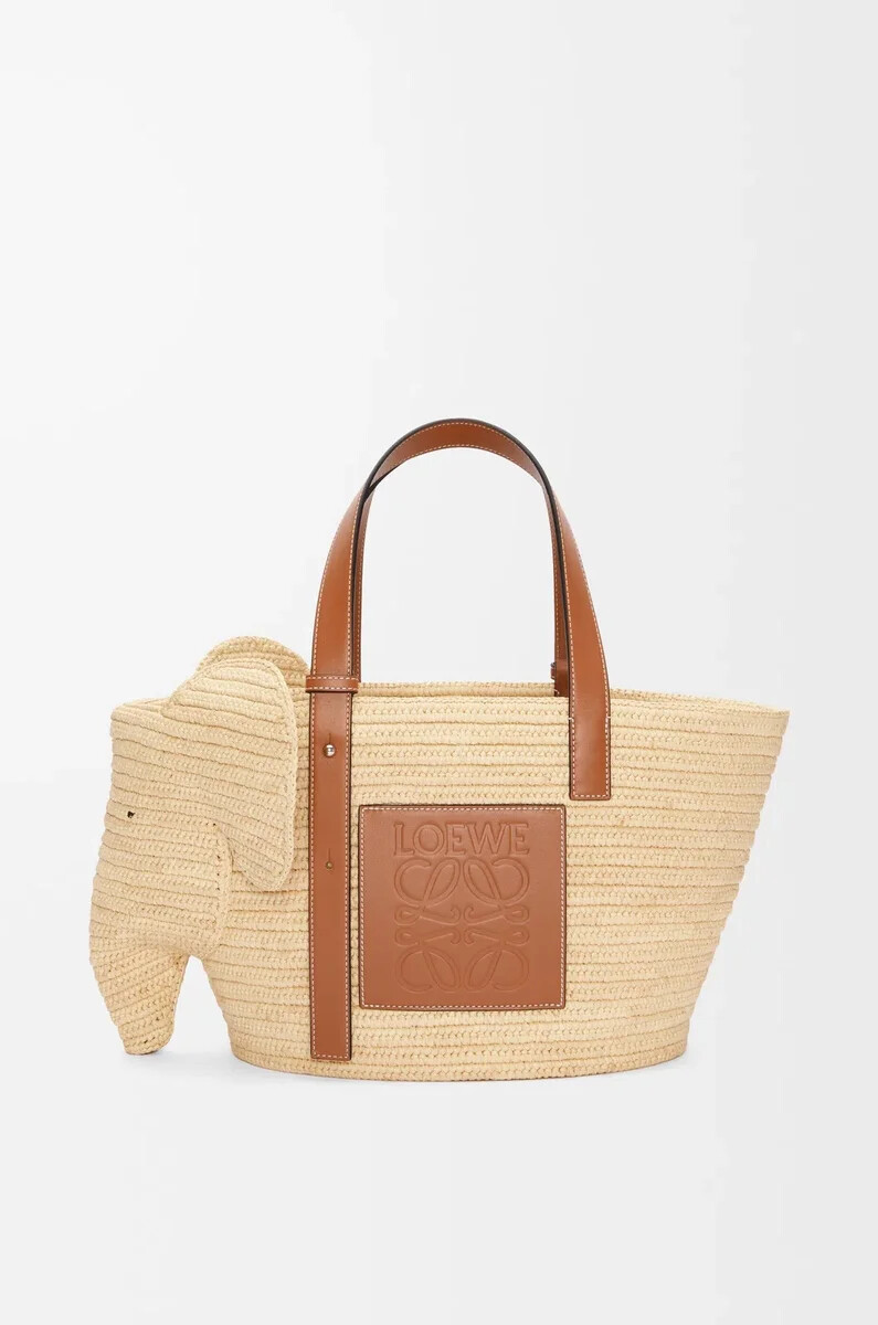 panier éléphant en raphia et cuir de veau naturelbeige