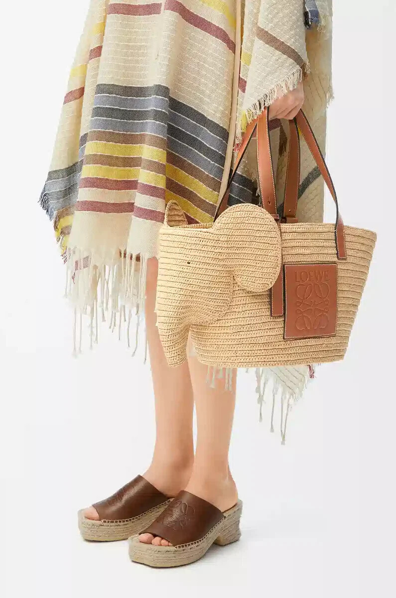 panier éléphant en raphia et cuir de veau naturelbeige