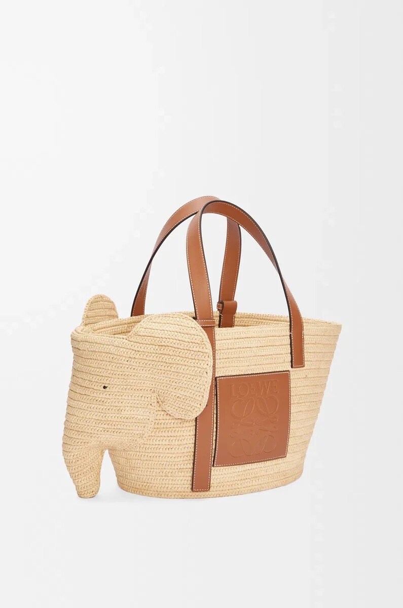 panier éléphant en raphia et cuir de veau naturelbeige