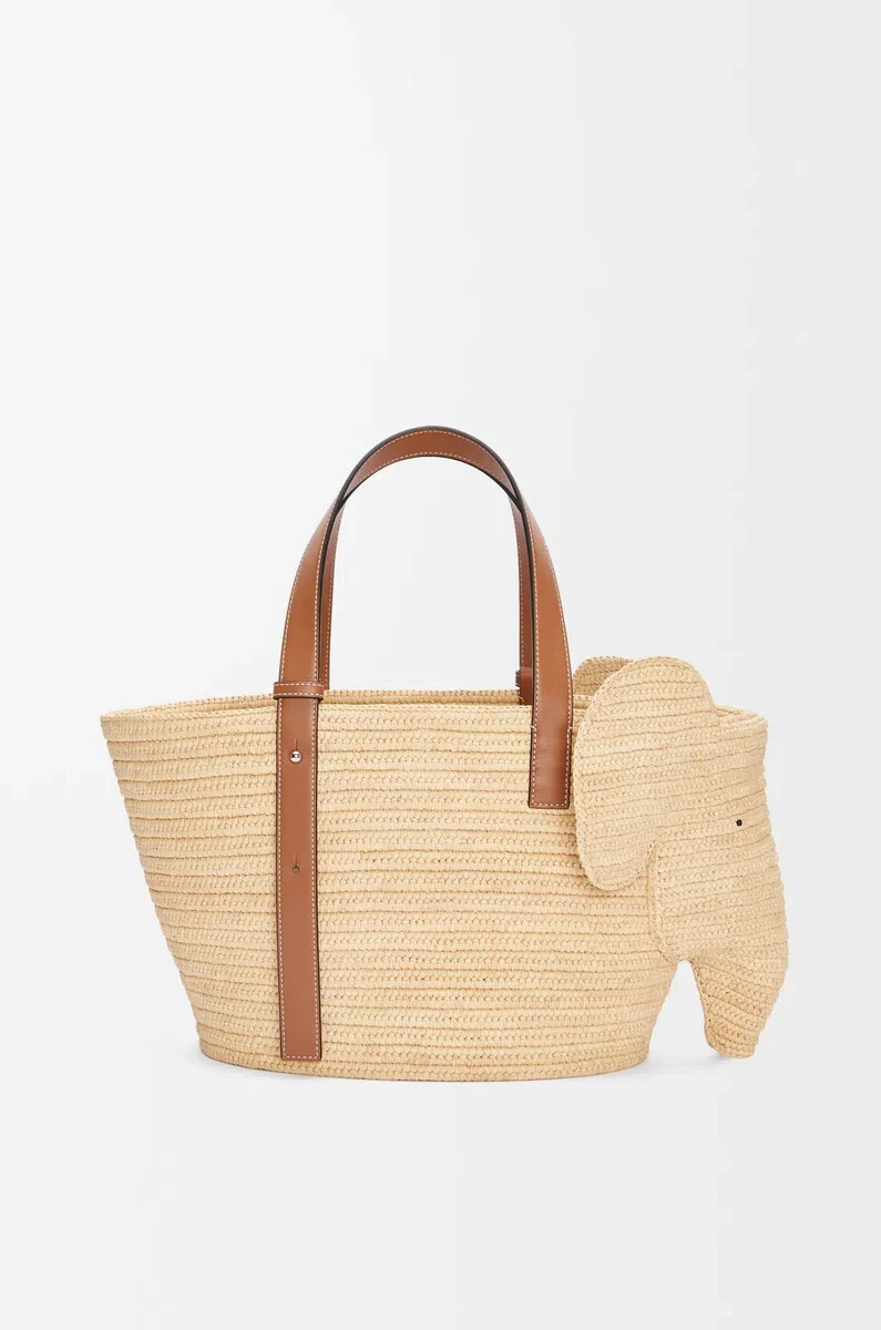 panier éléphant en raphia et cuir de veau naturelbeige