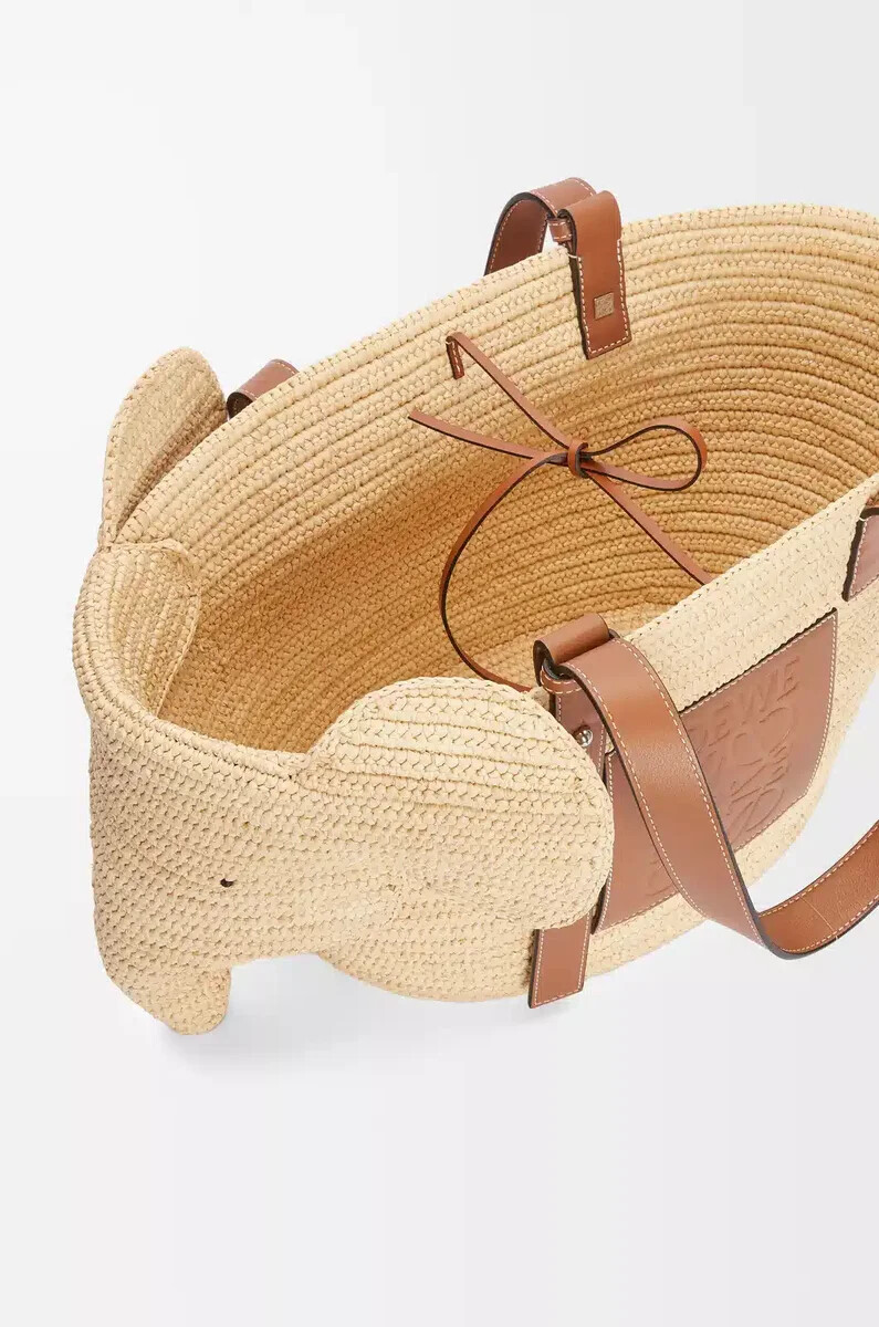 panier éléphant en raphia et cuir de veau naturelbeige