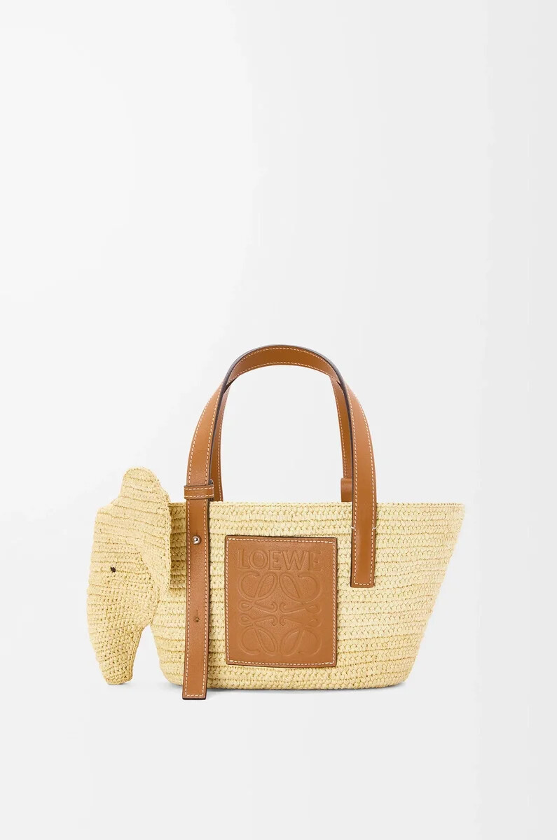 petit panier éléphant en raphia et cuir de veau naturelbeige