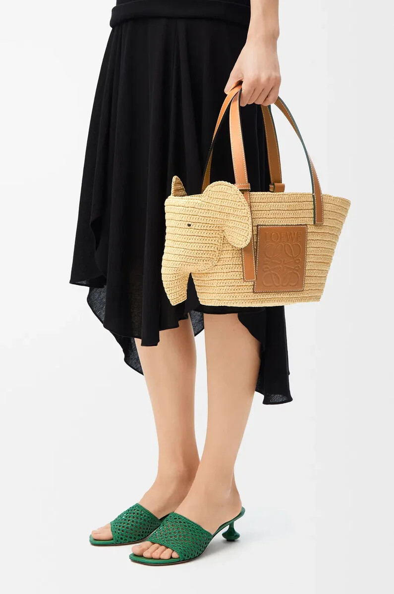 petit panier éléphant en raphia et cuir de veau naturelbeige