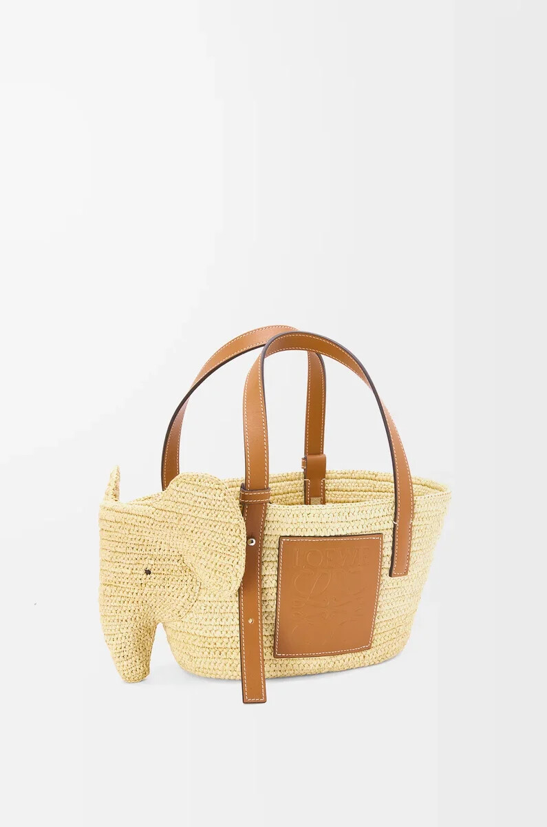 petit panier éléphant en raphia et cuir de veau naturelbeige