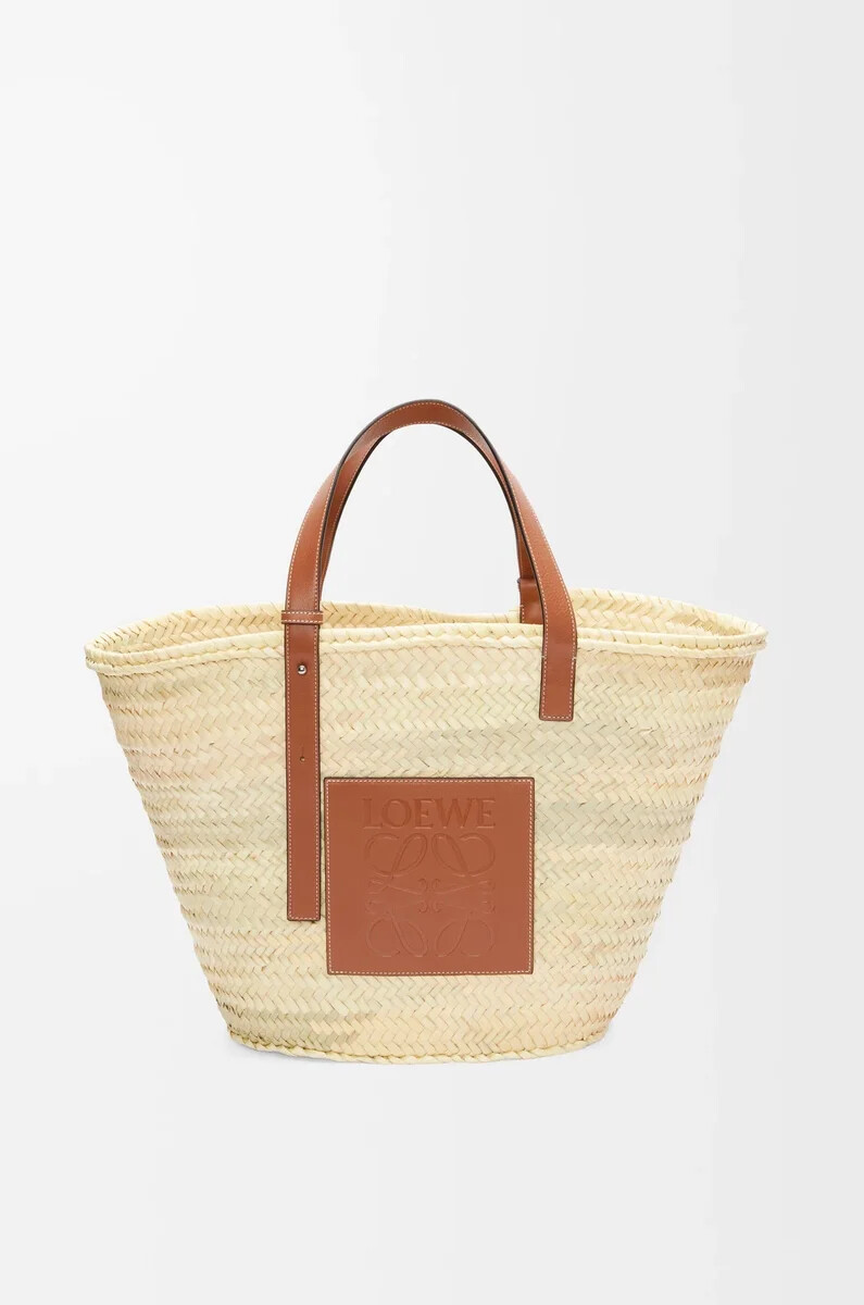 grand panier classique en feuille de palmier et cuir de veau naturelbeige