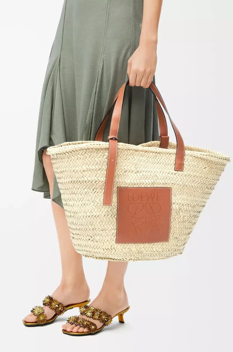 grand panier classique en feuille de palmier et cuir de veau naturelbeige