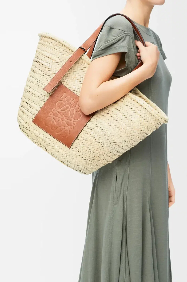 grand panier classique en feuille de palmier et cuir de veau naturelbeige