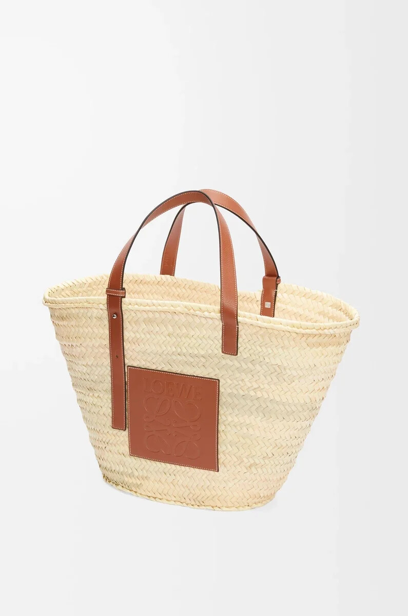 grand panier classique en feuille de palmier et cuir de veau naturelbeige