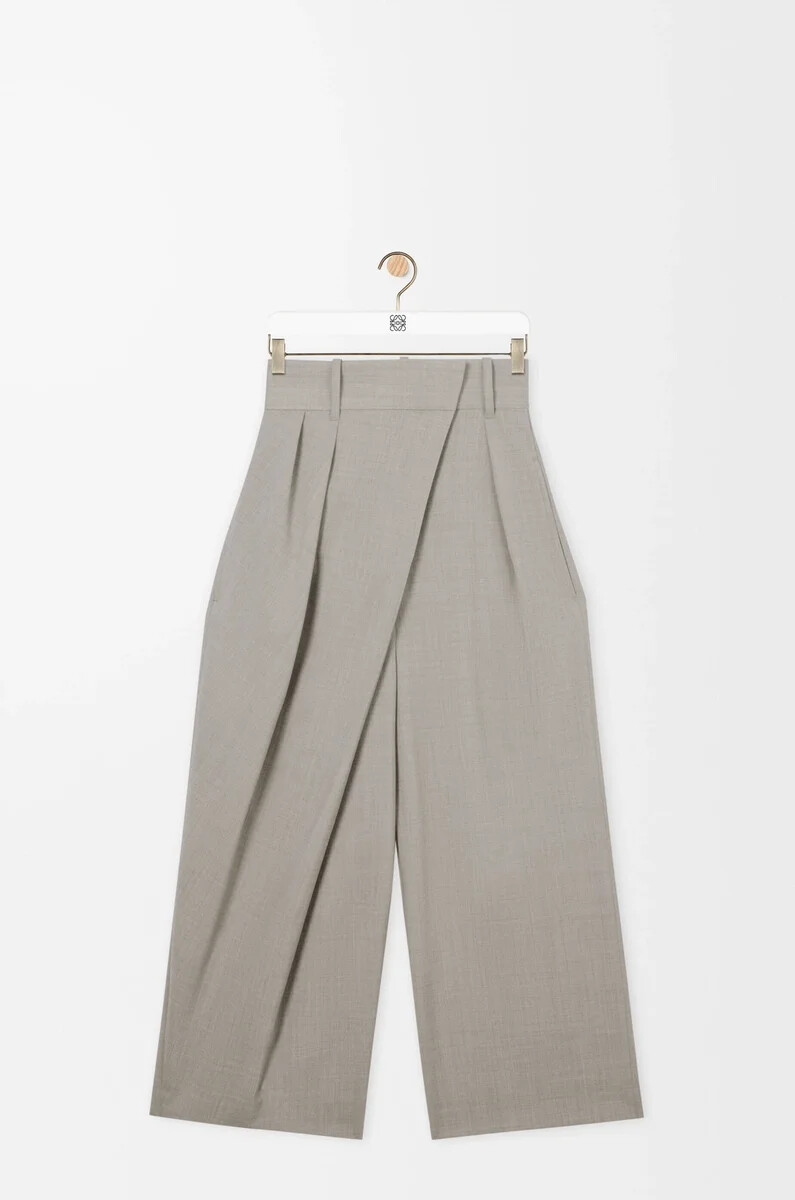 pantalon portefeuille court en laine beige clair chiné