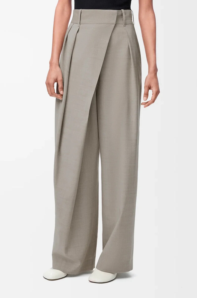 pantalon portefeuille en laine beige clair chiné