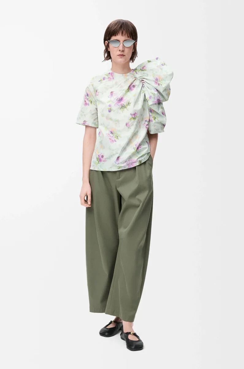 pantalon large en coton et soie kaki