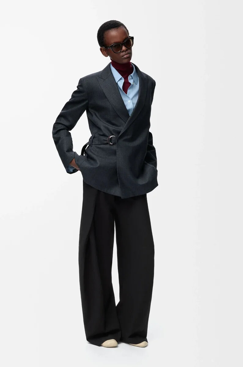 pantalon ceinturé en laine noire