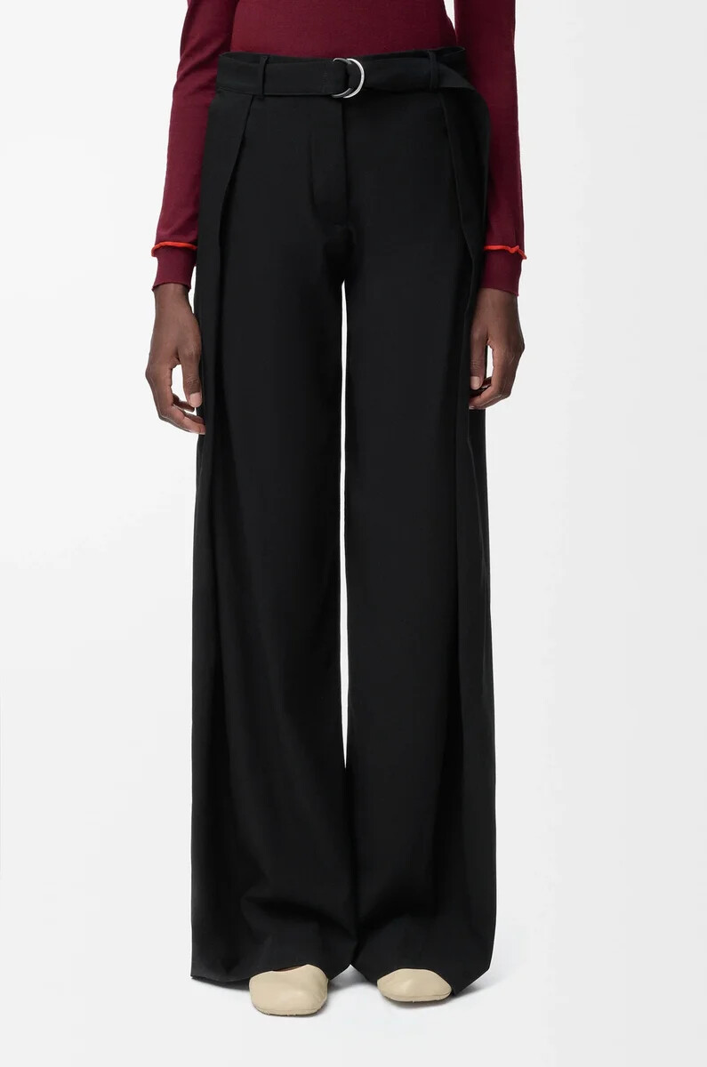 pantalon ceinturé en laine noire