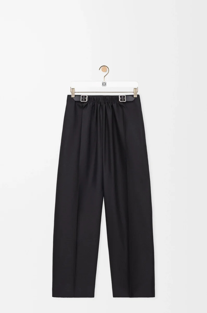 pantalon ceinturé en laine et soie noire