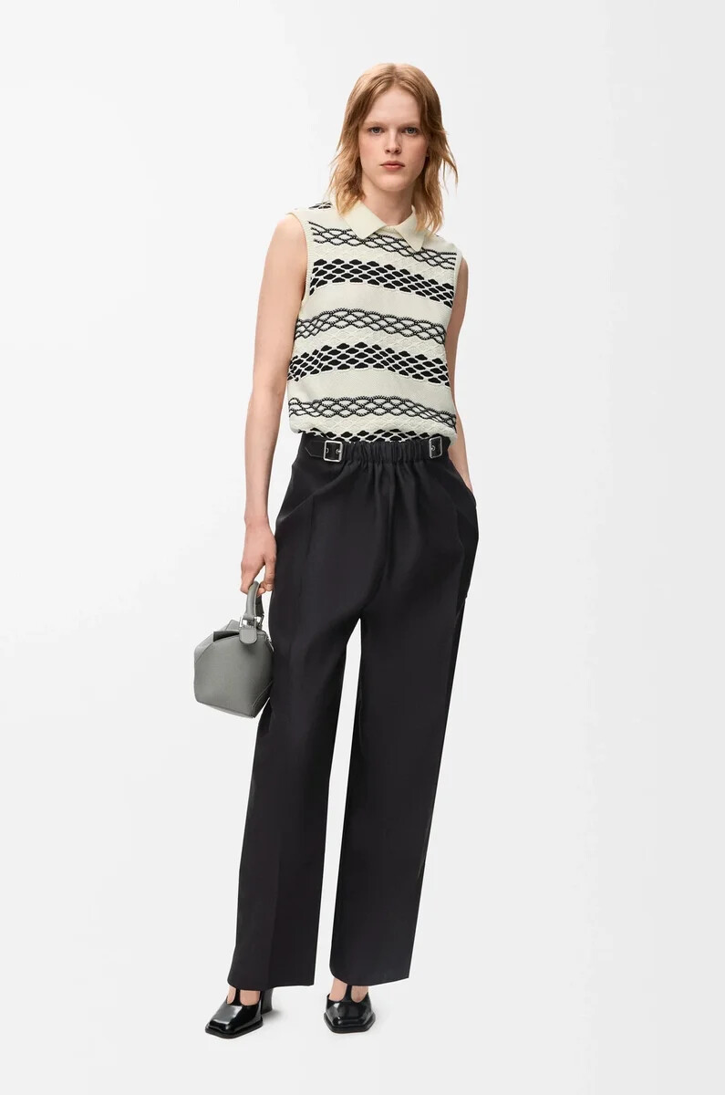 pantalon ceinturé en laine et soie noire