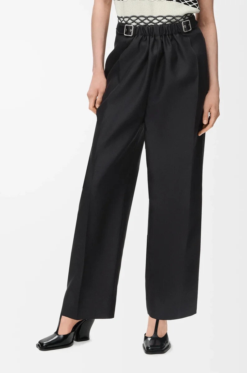 pantalon ceinturé en laine et soie noire