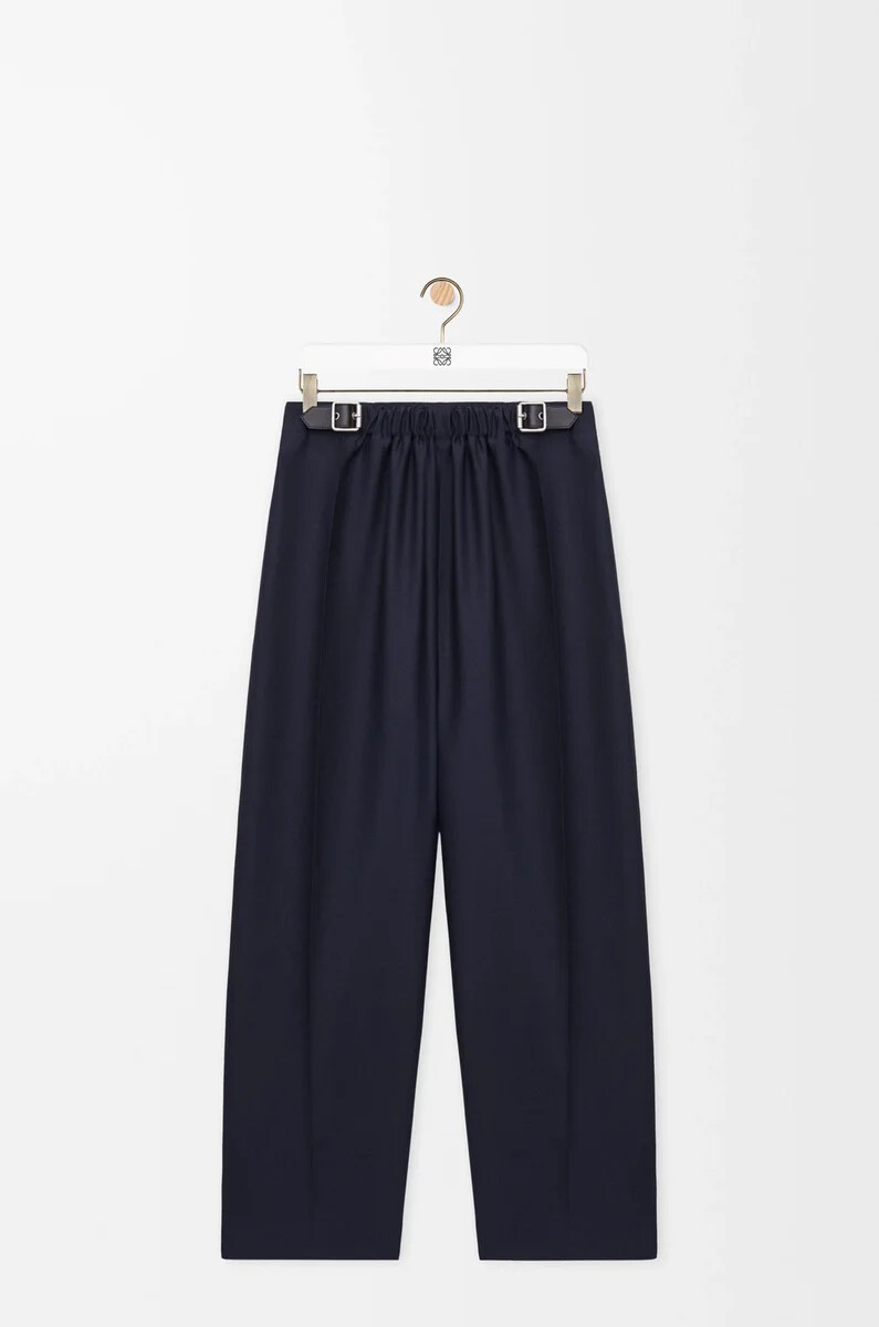 pantalon ceinturé en laine et soie bleu marine