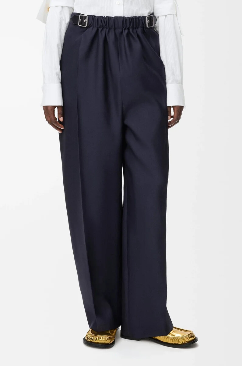 pantalon ceinturé en laine et soie bleu marine