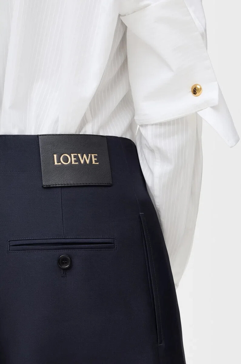pantalon ceinturé en laine et soie bleu marine